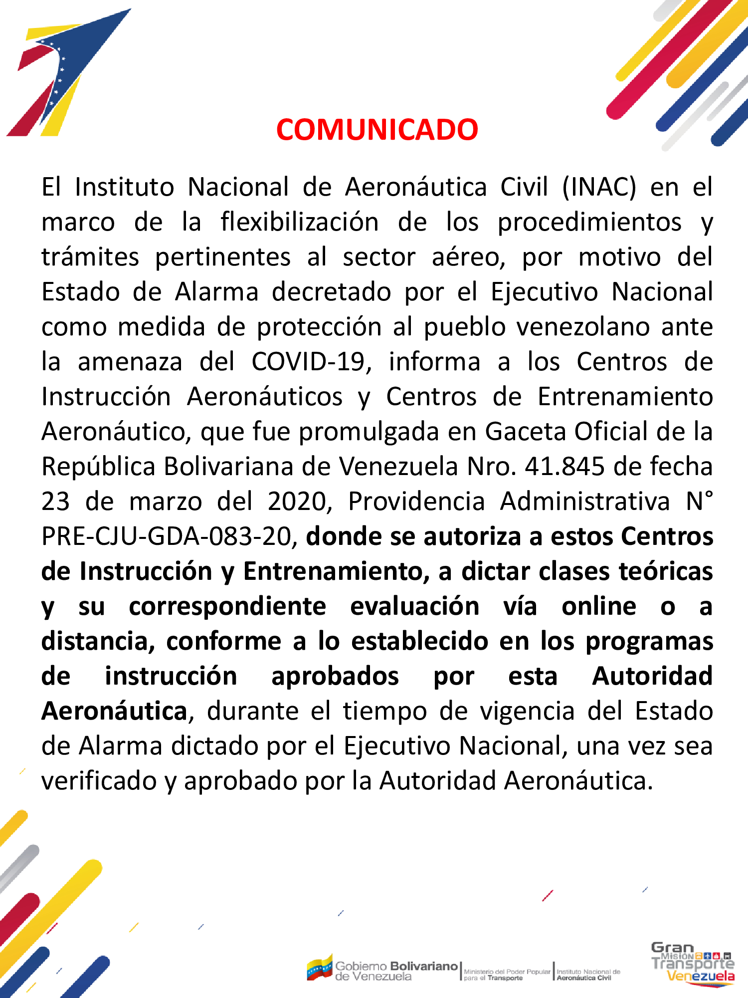 Providencia Administrativa N° PRE-CJU-GDA-083-20, Para los Centros de Instrucción Aeronáutica y Centros de Entrenamiento Aeronáutico