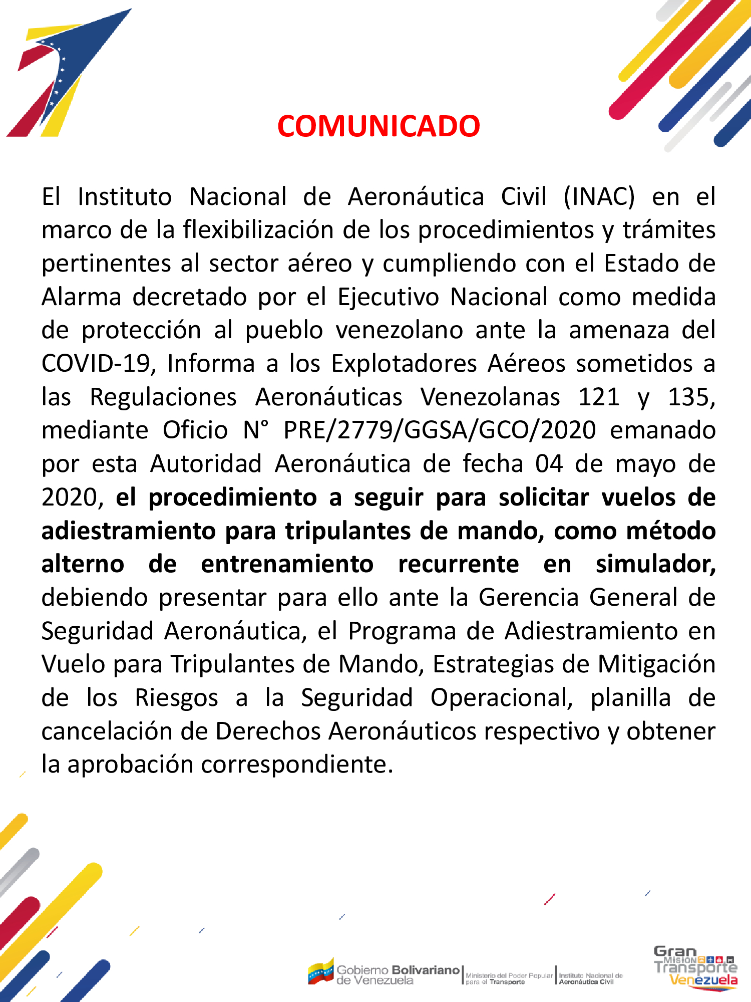 Información a los Explotadores Aéreos sometidos a las RAV 121 y 135 mediante Oficio N° PRE/2779/GGSA/GCO2020
